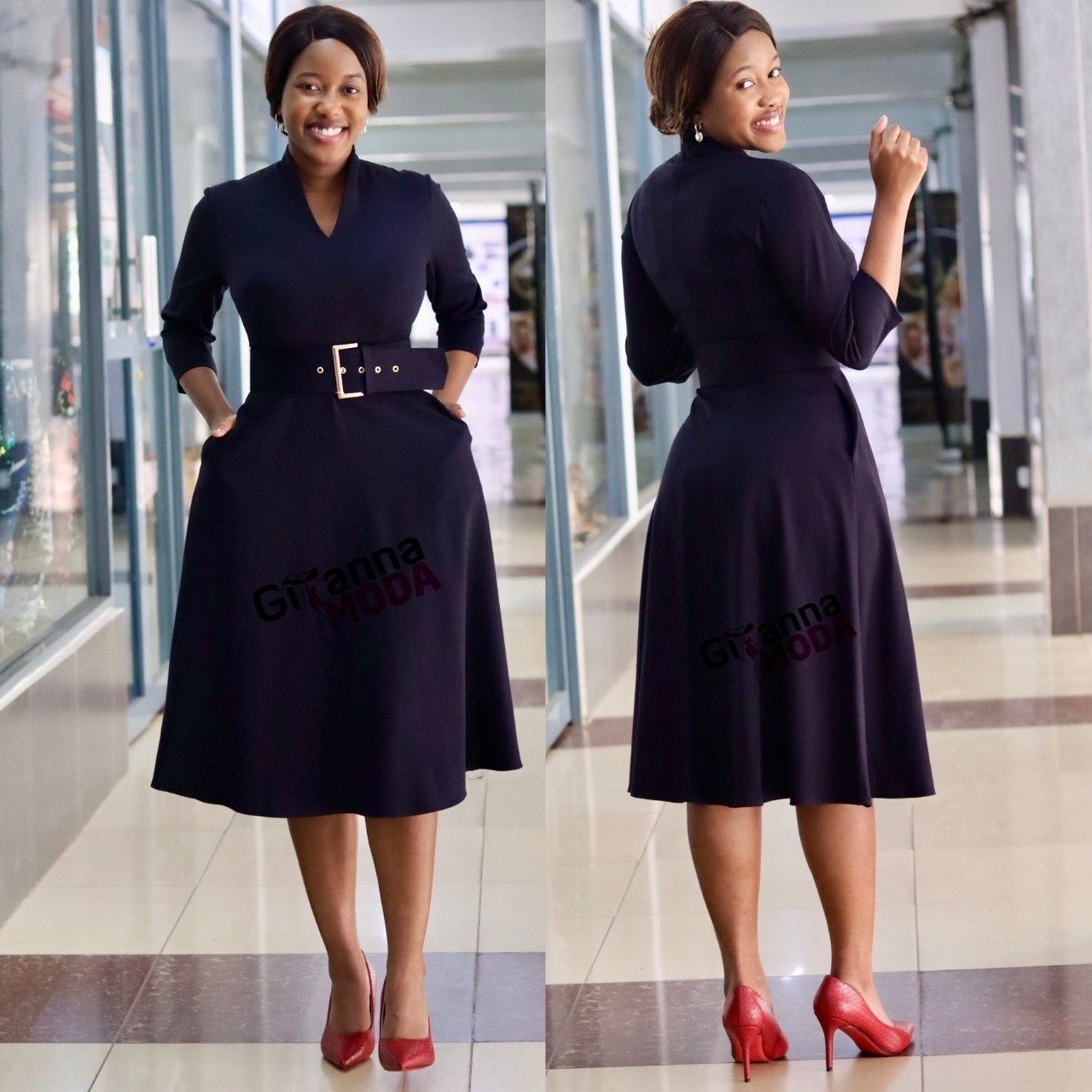 Black V Neck Belted Skater Dress