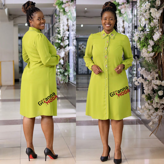 Lime Green Collared Long Sleeved Dress