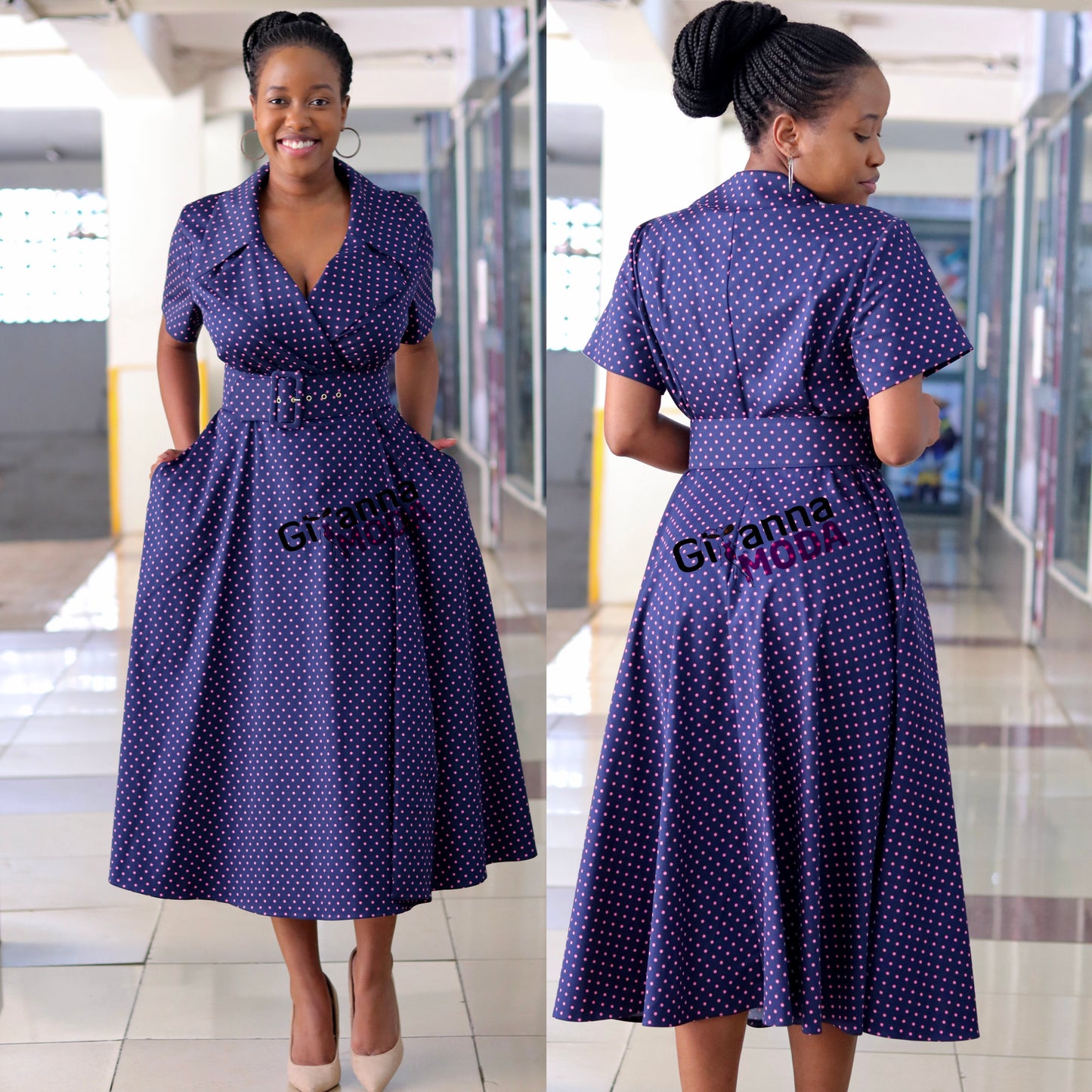Navy and Pink Polka Sleeved Dress
