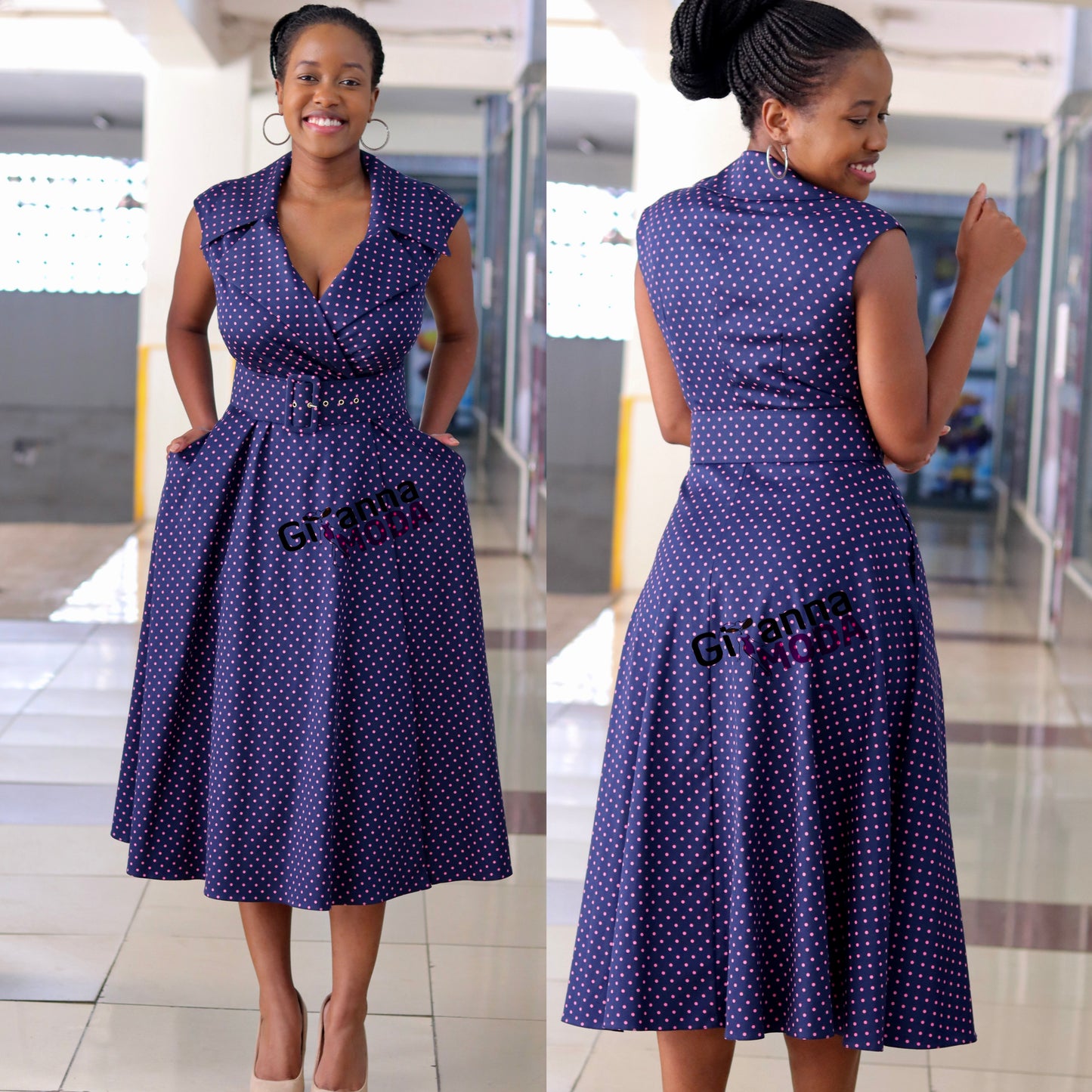 Navy and Pink Polka Sleeveless Dress