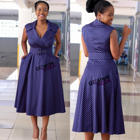 Navy and Pink Polka Sleeveless Dress