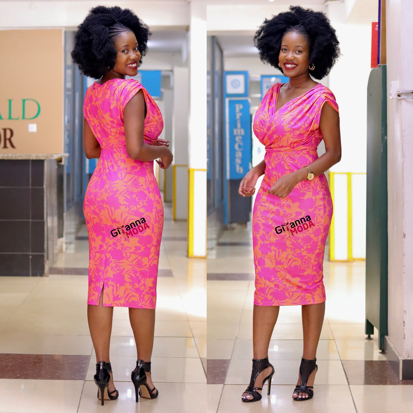 Orange/Pink Floral Midi Dress