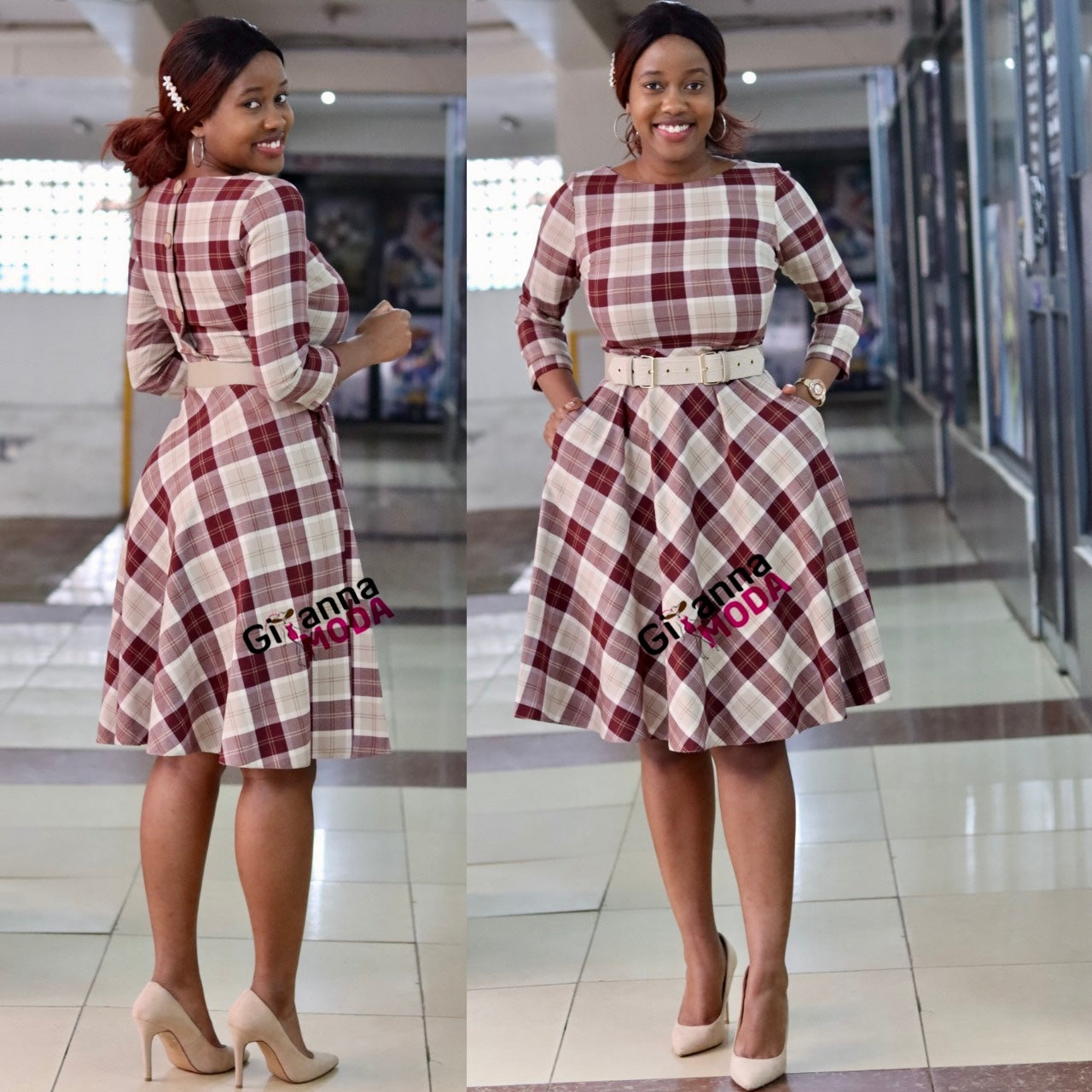 Maroon Tartan Belted Sleeved Skater
