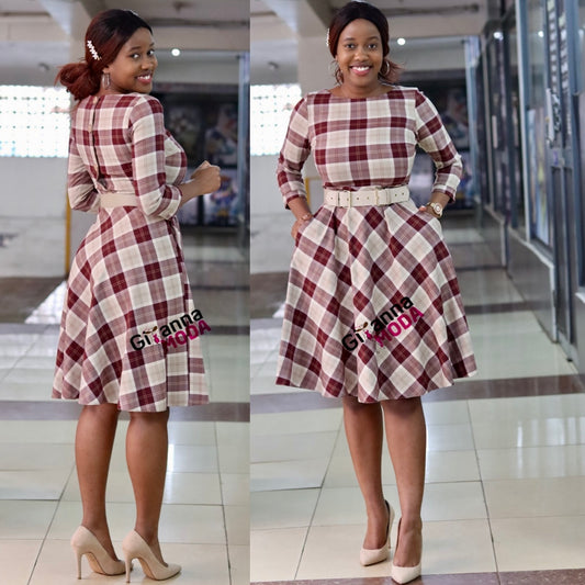 Maroon Tartan Belted Sleeved Skater