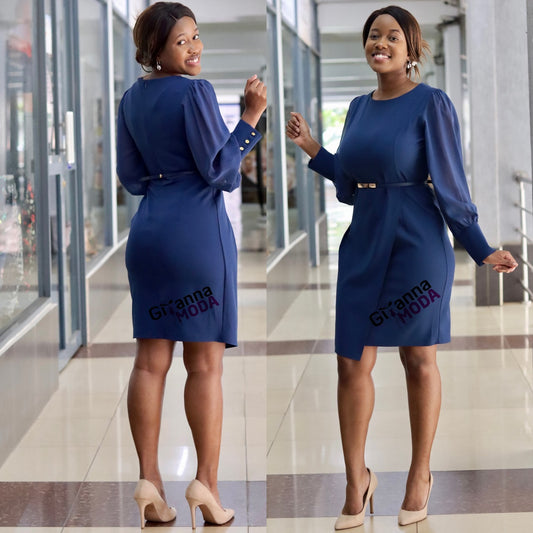 Navy Faux Wrap Sleeved Dress