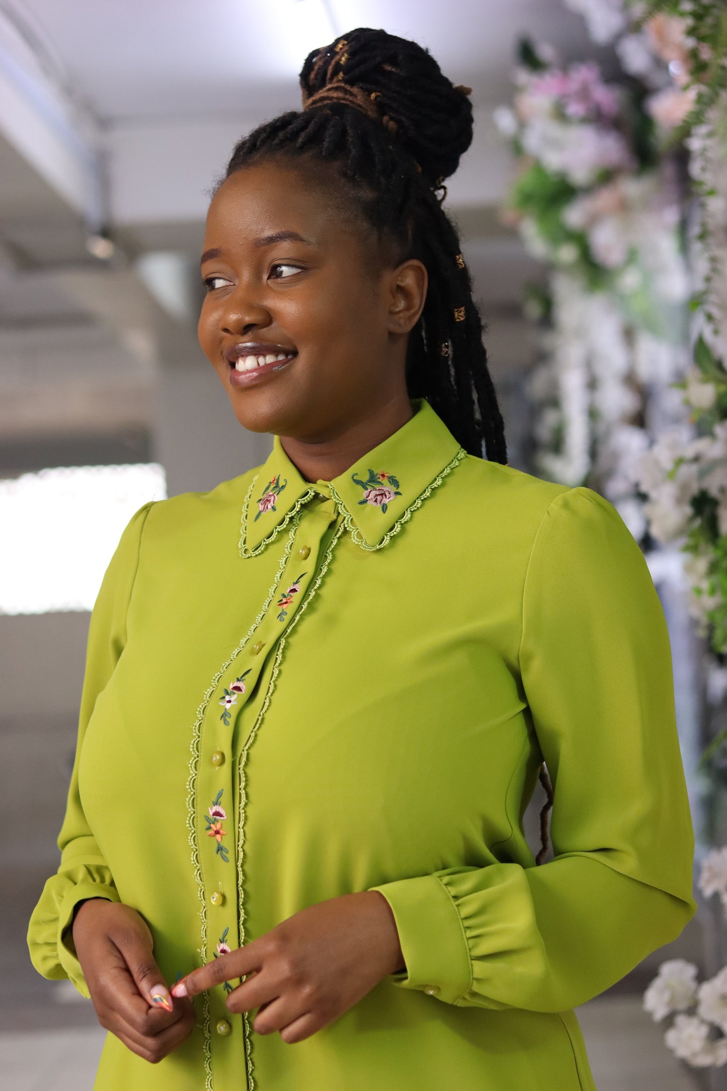 Lime Green Collared Long Sleeved Dress