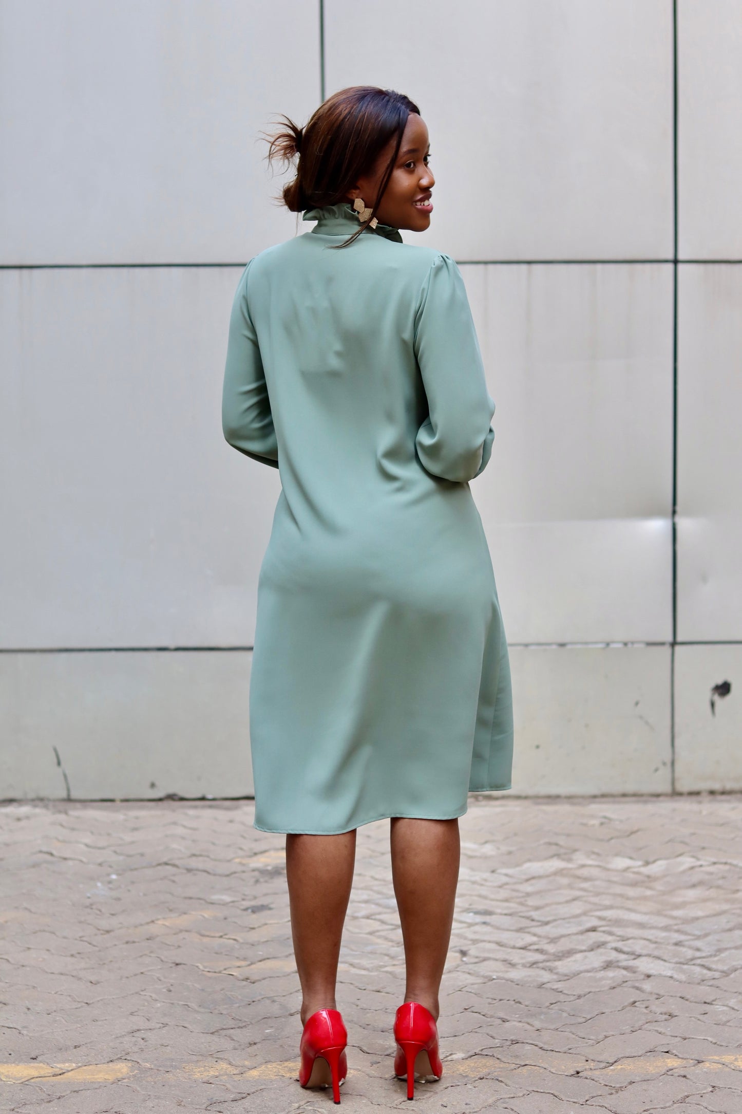Mint Long Sleeve Frilled Shirt Dress