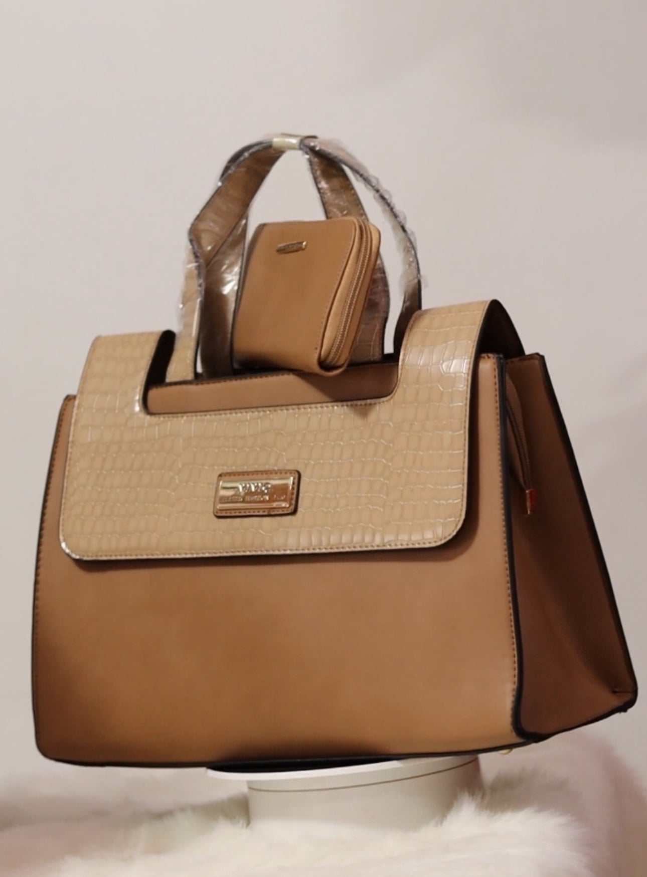 Textured Satchel Handbag in Brown