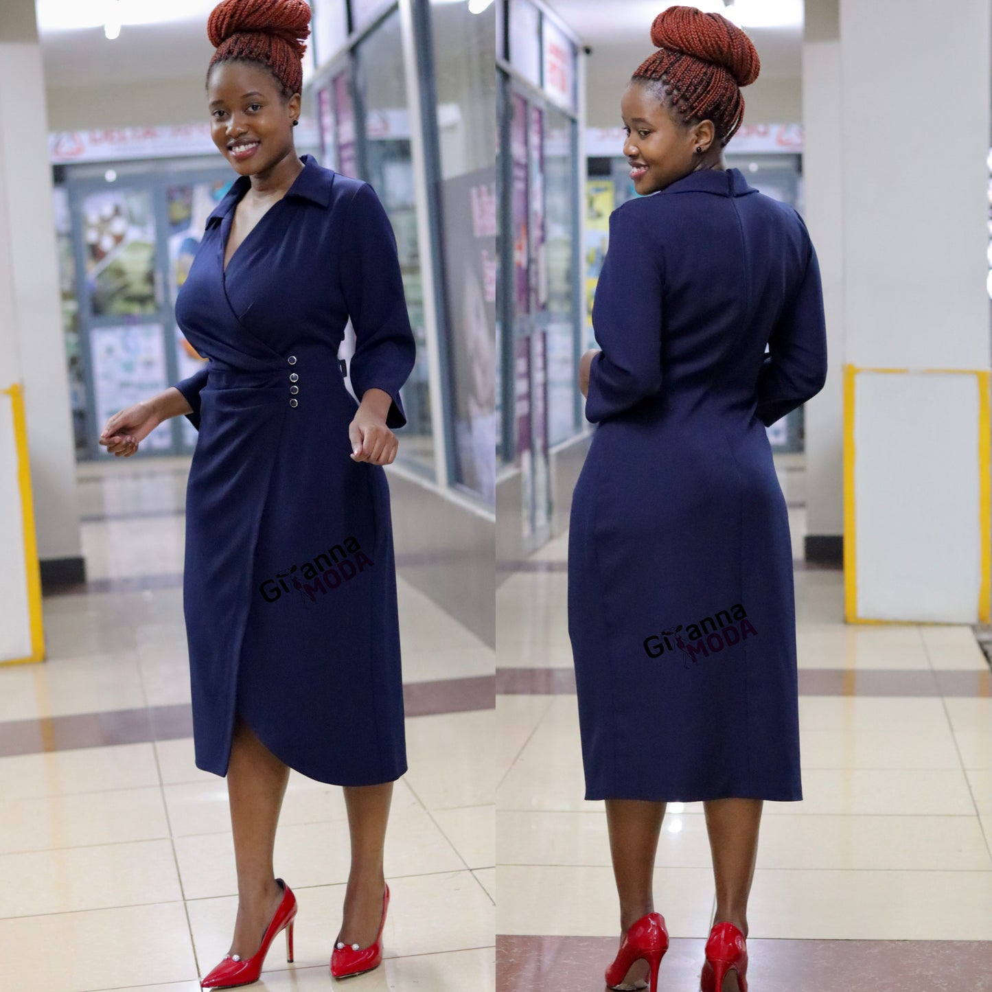 Navy Front Wrap Collared Dress