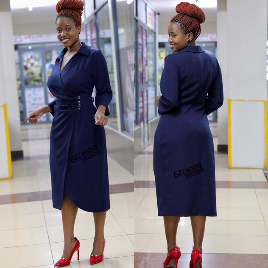 Navy Front Wrap Collared Dress