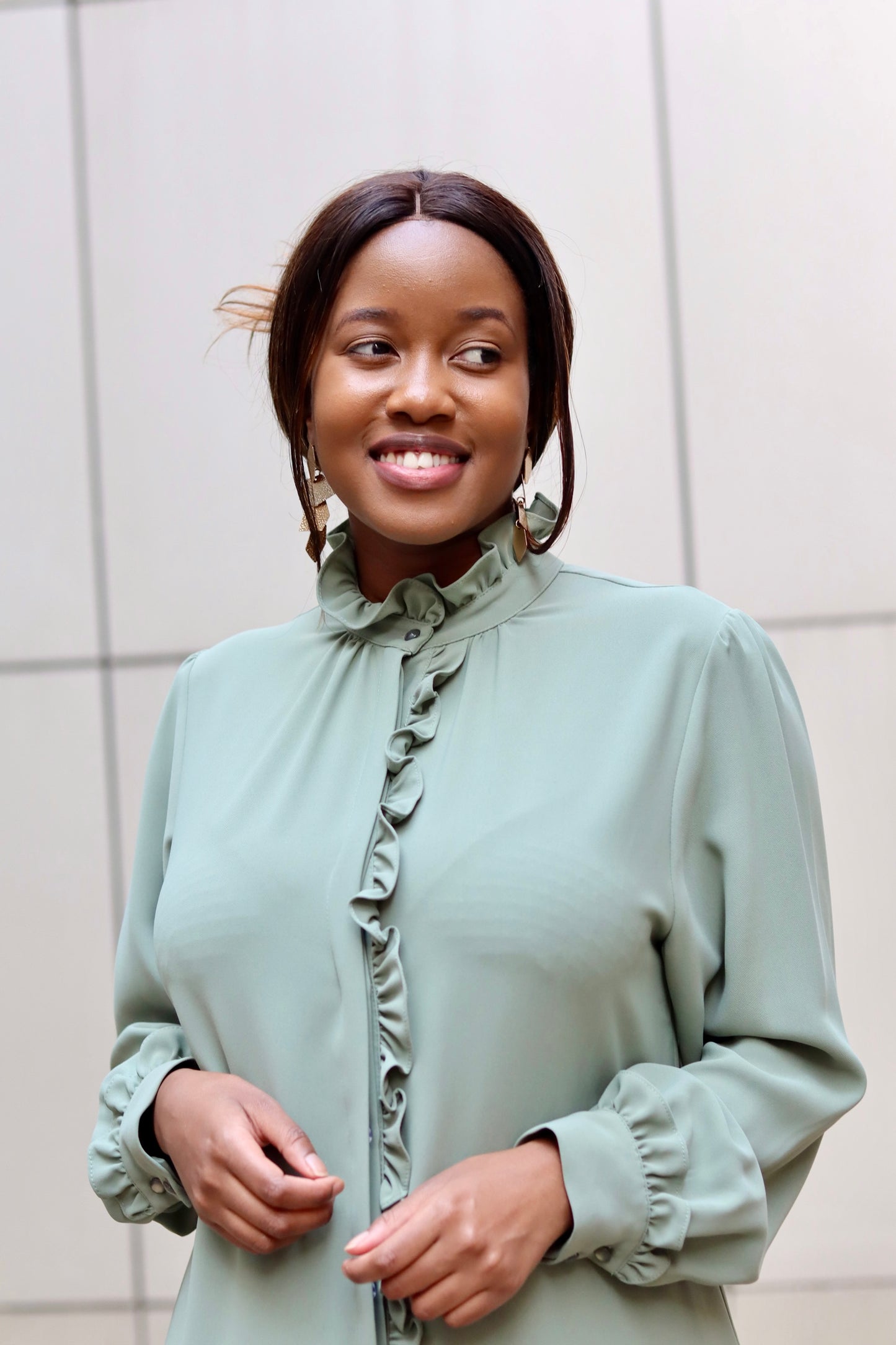 Mint Long Sleeve Frilled Shirt Dress