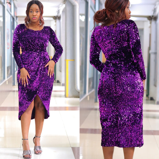 Purple Long Sleeved Sequin Dress