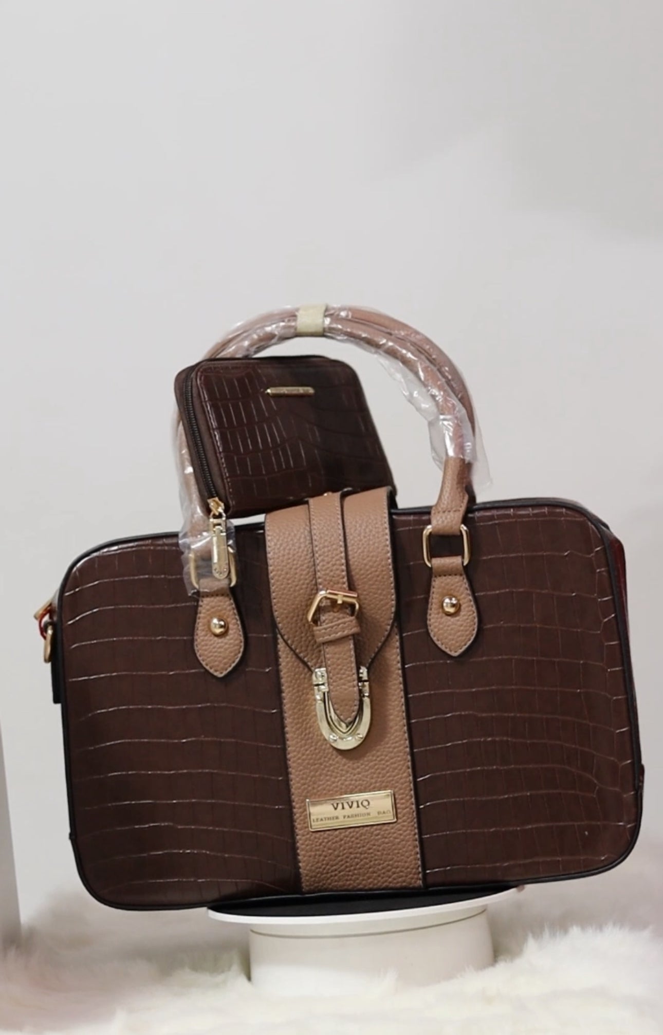 Tote Bag with Flap Closure in Brown