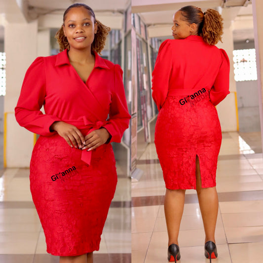 Red Collar Detail Lace Midi Dress