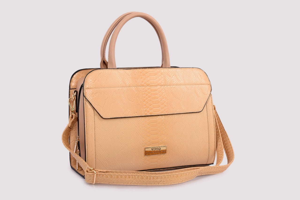 Textured Tote Bag with Flap in Beige