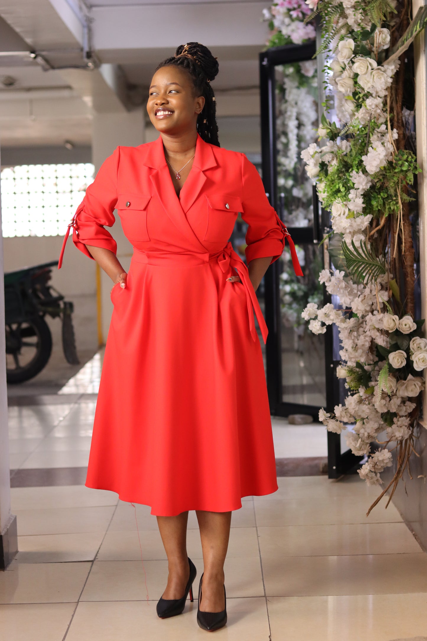 Red Pilot Sleeved A-line Dress