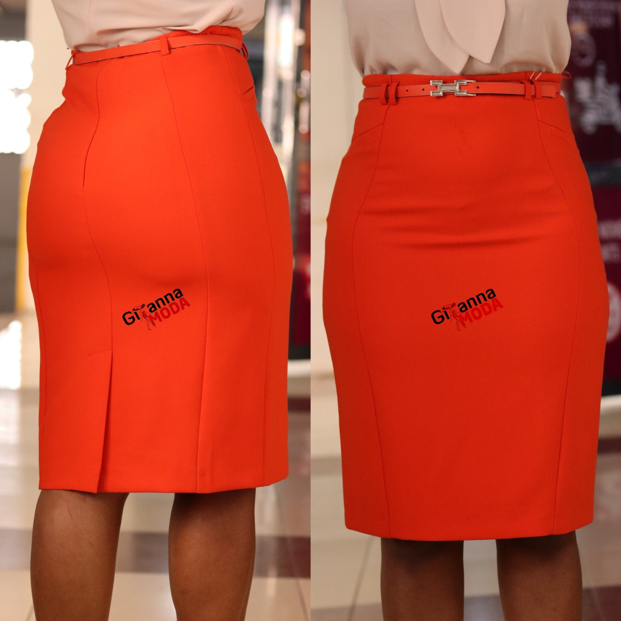 Panelled Pencil Skirt in Orange