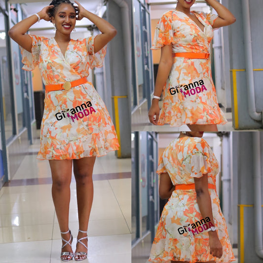 Orange Cap Sleeved Skater Dress