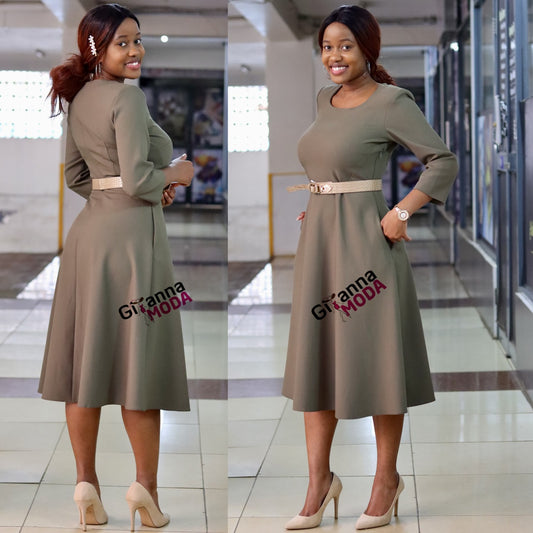 Olive Green Belted Skater Dress