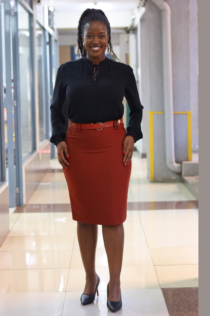 Pencil Style Belted Skirt in Brick Red