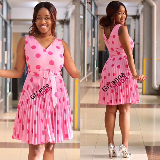 Pink Polka Sleeveless Sunray Pleat Dress