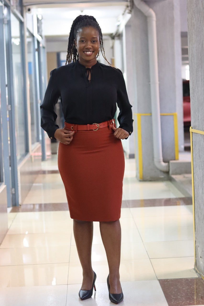 Pencil Style Belted Skirt in Brick Red