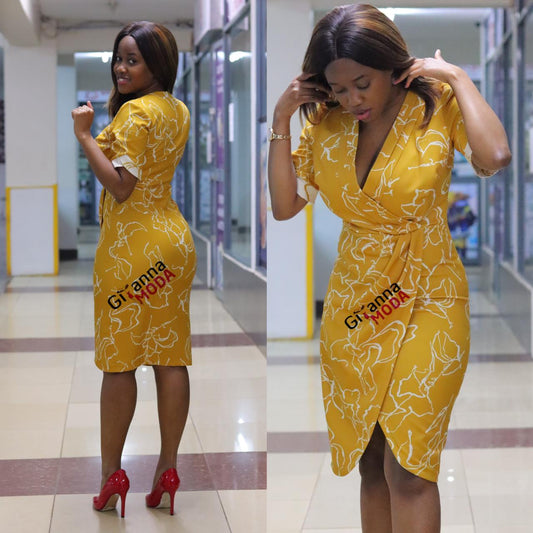 Mustard Floral Belted Dress