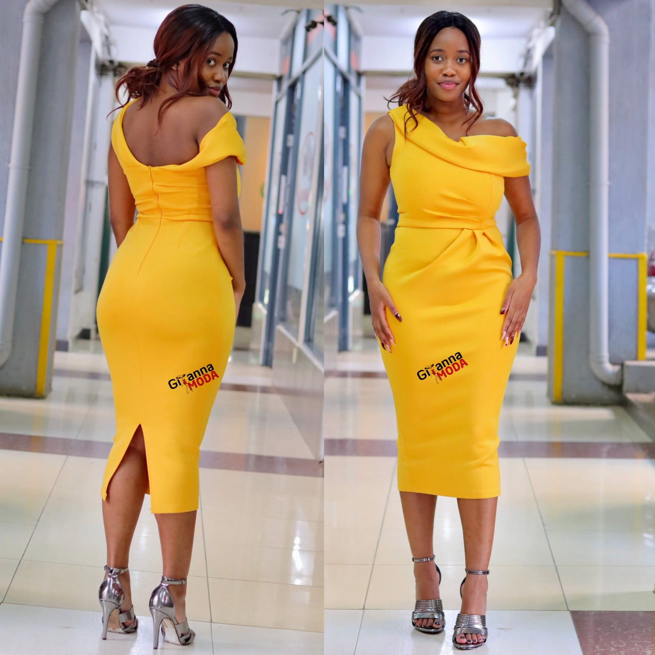 Yellow Drape Fallen Shoulder Dress