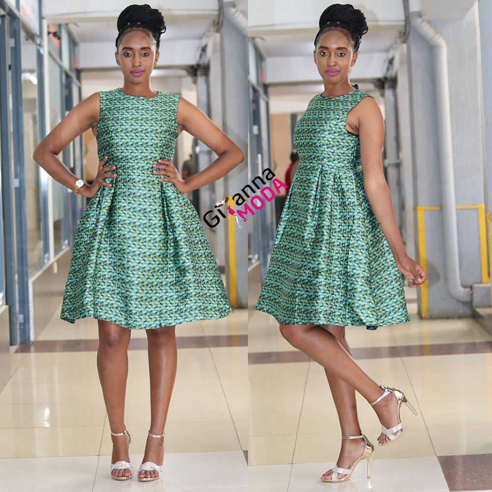 Green Jacquard Sleeveles Dress
