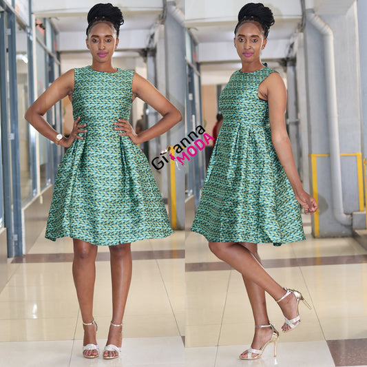 Green Jacquard Sleeveles Dress