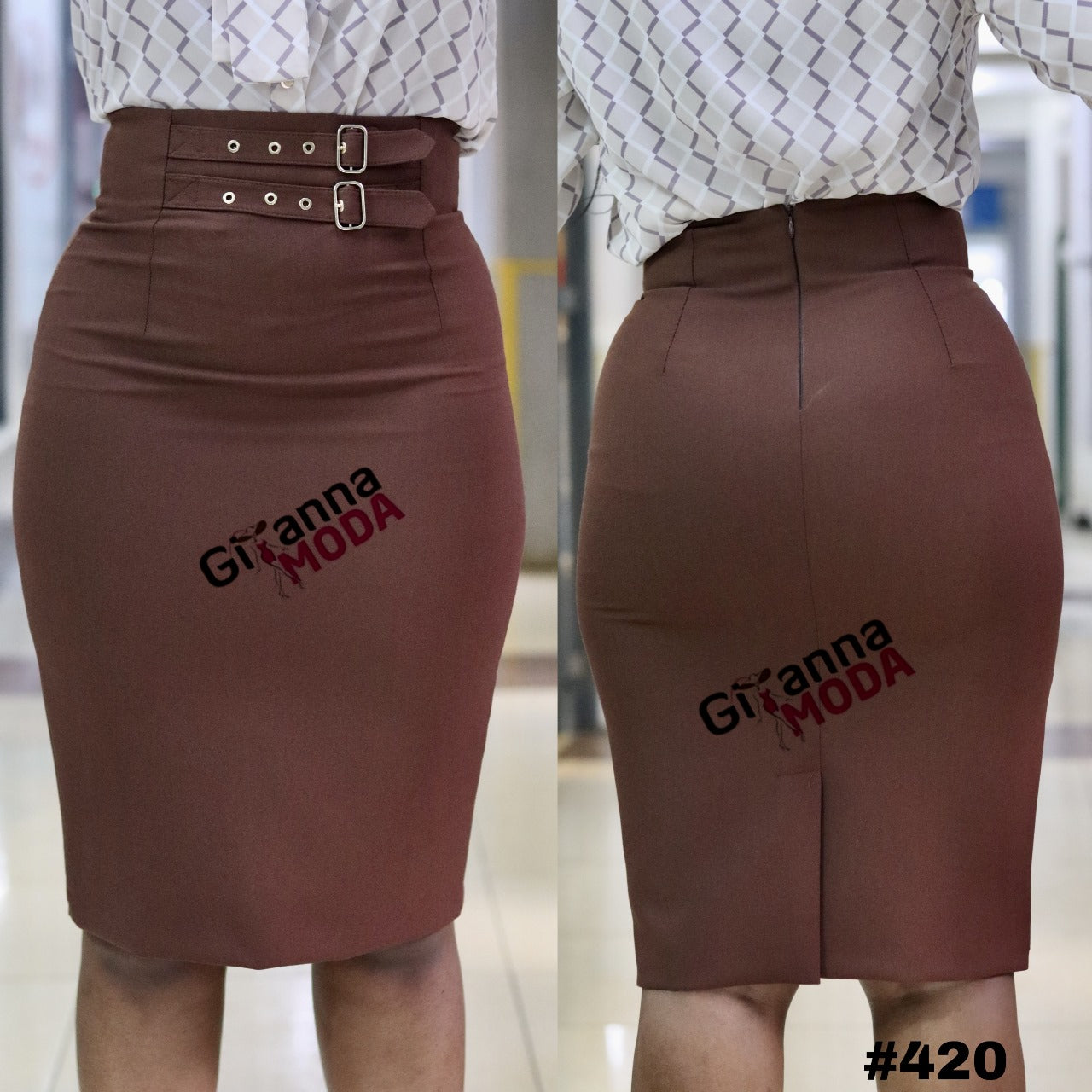 Front Buckle Detail Skirt in Brown