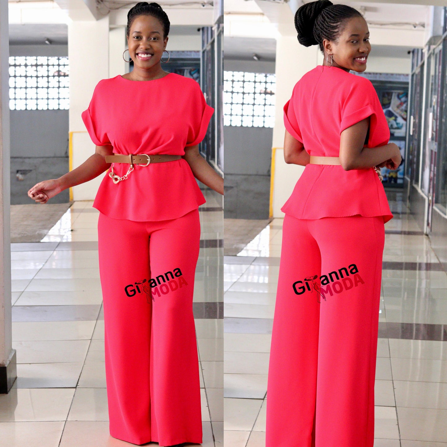 Red Kimono Sleeve Belted Set