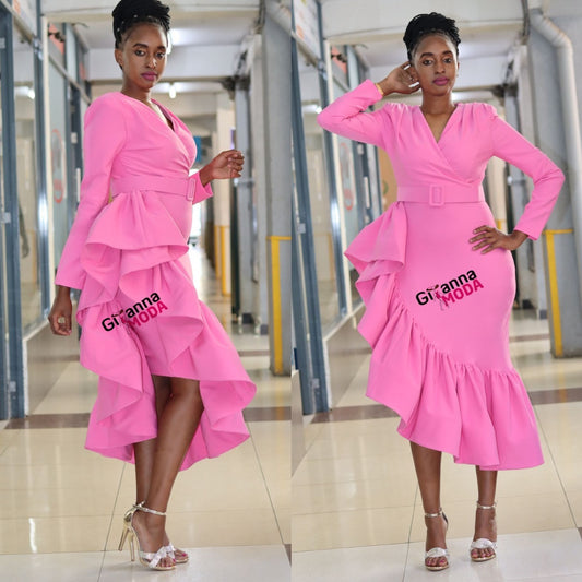 Pink Side Swagged Frill Dress