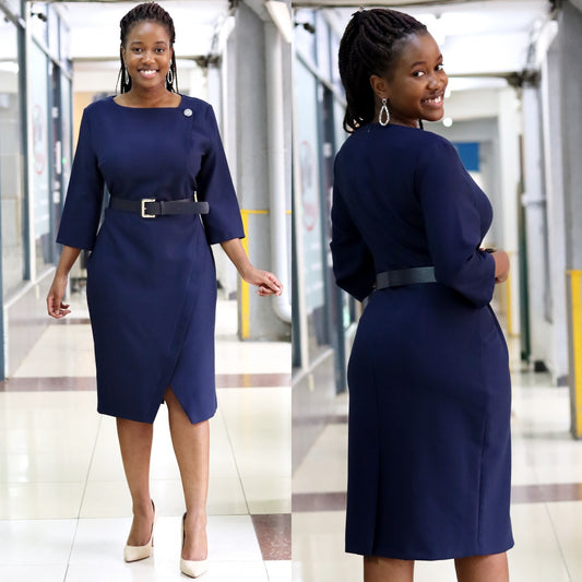Navy Blue Front Slit Belted Bodycon